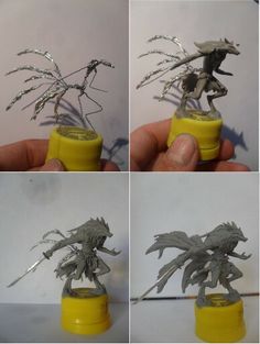 four photos of the action figure being made with silver wire and yellow plastic bottle caps