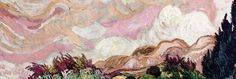 an oil painting of mountains and trees in the foreground with pink clouds above them