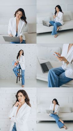 a woman sitting on top of a white couch