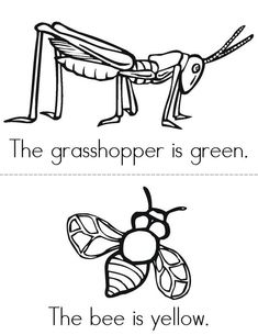 the grasshopper is green, the bee is yellow and the grasshopper is green