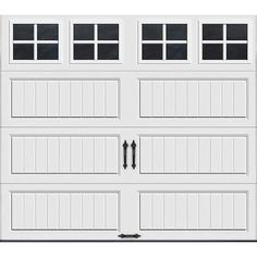 a white garage door with three windows on the top and bottom panel, against a white background