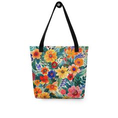 A trendy and spacious tote bag that's perfect for carrying all your essentials with style and comfort. Stay organized on the go and enjoy FREE SHIPPING to the US, Canada, EU, and UK. The artwork This artwork is a lively tribute to Spanish flora, showcasing a vibrant array of blooms native to the Iberian Peninsula. Rich oranges, deep reds, sunny yellows, and striking blues blend seamlessly with lush green foliage. Stylized brushstrokes and dynamic contrasts capture the warmth and cultural vibranc Spanish Flowers, Iberian Peninsula, Trendy Tote Bags, Lush Green, Deep Red, D Art, Blossom, Tote Bag, Iphone