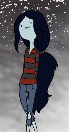 a drawing of a girl with long black hair standing in front of snow flakes