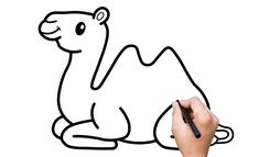 a hand drawing a camel on a white sheet with black marker and pen, in the shape of an animal