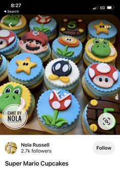 there are many cupcakes decorated with mario and luigi's faces on them