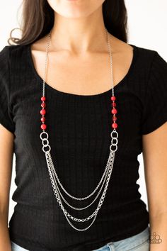 Vividly Vivid-Red Necklace-long-layered-Paparazzi - The Sassy Sparkle Red Metal Jewelry With Silver Chain, Elegant Red Jewelry With Silver Chain, Red Long Necklace With Adjustable Chain, Red Metal Jewelry With Beaded Chain, Red Long Metal Necklace, Red Metal Long Necklace Jewelry, Red Adjustable Chain Necklace For Party, Red Metal Long Necklace, Adjustable Red Chain Jewelry