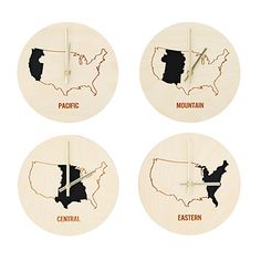 four wooden clocks with different states on them