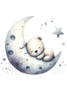 a watercolor painting of a teddy bear sleeping on the moon with stars around it