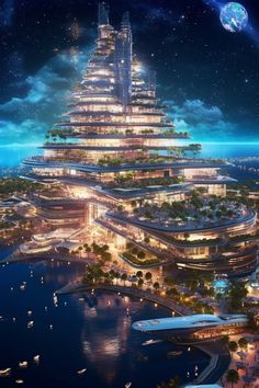 an artist's rendering of a futuristic city in the middle of the ocean at night