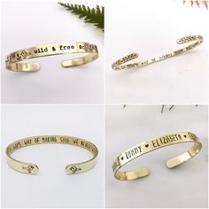 "♥︎ This bracelet is made to order. Thank you for your patience and for shopping handmade! ▶︎▶︎▶︎ ABOUT THIS BRACELET ◀︎◀︎◀︎ ✺ Hand stamped and made of solid golden brass ✺ Lightly hammered texture ✺ You choose width & finish ✺ Bracelet is made 6\" long and is adjustable to fit most wrist sizes ✺ For very small wrists, you can request a 5 1/2\" bracelet. Contact me for larger bracelet options. (or smaller) ✺ Will come gift wrapped for easy gift giving ▶︎▶︎▶︎ How to Order ◀︎◀︎◀︎ 1. Choose quantit Customized Bohemian Bracelets For Gift, Customized Bohemian Bracelet For Gifts, Bohemian Customized Bracelet For Gift, Personalized Bohemian Name Bracelet For Gift, Bohemian Personalized Name Bracelet As Gift, Bohemian Personalized Name Bracelet For Gift, Bohemian Personalized Name Bracelet Gift, Customized Bangle Cuff Bracelet As Gift, Customized Adjustable Cuff Bracelet As Gift