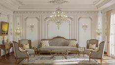 an elegant living room with chandelier, sofa and two chairs in the center