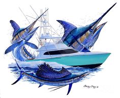 three blue marlin fish on a boat in the ocean