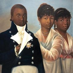 an oil painting of three black people in formal attire