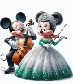 mickey and minnie mouse playing the violin in disney's wedding dress, which features glittery green sequins