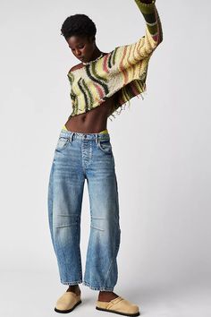 We The Free Lucky You Mid-Rise Barrel Jeans | Free People Barrel Jeans, Flair Jeans, All Jeans, Jeans Wide, Light Beam, Slip Skirt, Type Of Pants, Cool Sweaters, Jeans Brands