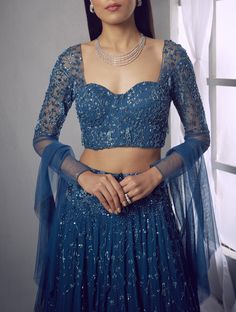 Dark Blue Lehenga, Modern Blouse Designs, Full Sleeves Blouse Designs, Lengha Blouse Designs, Netted Blouse Designs, Indian Outfits Lehenga, Wedding Lehenga Designs, Lehenga Blouse Designs, Gaun Fashion