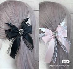 cute goth kawaii y2k emo grunge pink lolita jirai kei fashion kawaiicore black cutecore cutegore ribbon bow Ita Bag, Spring 2025, Goth Jewelry, Hair Accessories Clips, Hairstyle Look, Girly Accessories, Lace Hair, Lace Ribbon