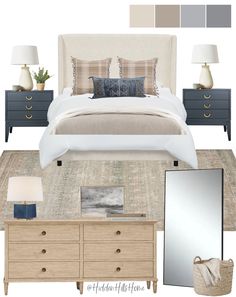 a bedroom is shown with neutrals and blues in the color blue, beige, and white