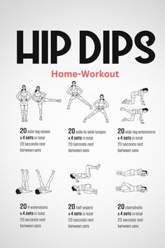 the hip dips workout poster is shown in black and white, with instructions on how to