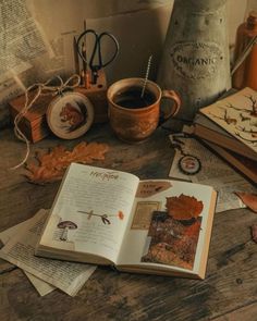 an open book sitting on top of a wooden table next to books and other items