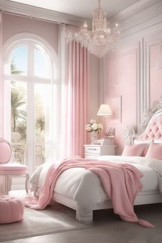 a bedroom decorated in pink and white with a chandelier hanging from the ceiling