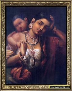 a painting of a woman holding a baby in her arms and wearing jewelry around her neck