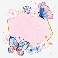 a pink and blue butterfly frame with flowers on the bottom, watercolor painting, background png and psd