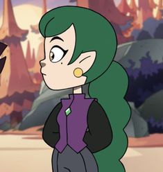 a cartoon character with green hair and purple shirt standing next to another character in front of trees