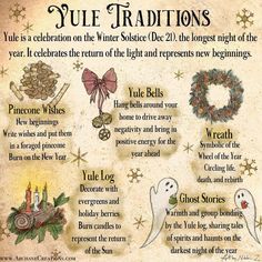 an old style christmas card with the words yule traditions written in english and spanish