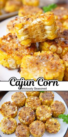 A double collage photo of Cajun corn on the cob. Corn On The Cob Bites, Southern Corn On The Cob Recipes, What Goes Good With Corn On The Cob, Oven Cooked Corn On The Cobb, Corn On The Cob Cajun, Lemon Pepper Corn On The Cob, Sheet Pan Corn On The Cob, Pan Fried Corn On The Cob, Corn On The Cob Appetizers