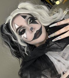 Black And White Jester Makeup, White And Black Clown Makeup, Insane Clown Posse Juggalette Makeup, Emo Clown Makeup, Aries Costume, Black And White Clown Makeup, Black Goth Makeup, Puppet Makeup, Goth Clown