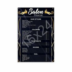 salon price list sign with gold trimmings and black background, on a white wall