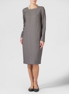 Linen Long Sleeve Mid-Length Dress With Beaded Short Necklace Chic A-line Midi Dress For Formal Occasions, Chic H-line Midi Dress For Cocktail, Chic H-line Midi Cocktail Dress, Chic H-line Cocktail Midi Dress, Elegant H-line Dresses With Flattering Silhouette, Sleek Long Sleeve Dress For Formal Occasions, Elegant A-line Maxi Dress For Office, Modern H-line Midi Dress For Evening, Sleek Long Sleeve Formal Dress