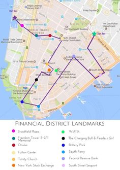 a map showing the locations of several different streets in new york city, including financial district landmarks