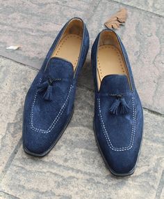 Crafted Leather Handmade Men Navy Blue Tassel Loafers Slip on Dress Shoes on Storenvy Blue Wingtip Tassel Loafers With Leather Sole, Blue Round Toe Tassel Loafers For Business, Blue Tassel Loafers For Galas With Round Toe, Blue Classic Wingtip Tassel Loafers, Classic Blue Wingtip Tassel Loafers, Blue Leather Sole Tassel Loafers Slip-on, Blue Slip-on Tassel Loafers With Leather Sole, Blue Tassel Loafers With Leather Sole For Galas, Blue Tassel Loafers With Rubber Sole