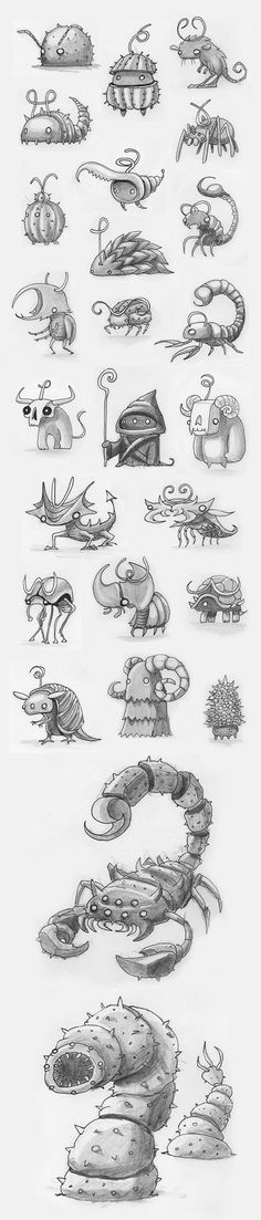 some drawings of different types of animals and things that are drawn in pencil on paper