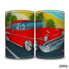 Geltchy | 1957 CHEVROLET Stubby Cooler Bel Air Red Street Machine Illustrated USA Classic Car Giftware Red Street, 1957 Chevrolet, Car Enthusiast, Bel Air