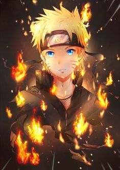 an anime character with blue eyes and blonde hair, wearing a black outfit surrounded by flames