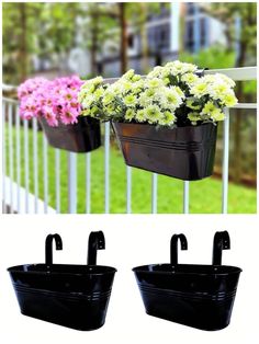 three flower pots hanging on the side of a white fence with flowers in each one