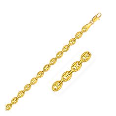 This puffed mariner link bracelet comes in 14K yellow gold and has a width of 4.7mm. Secured with a lobster clasp. Jewels Nails, Ribbon Jewelry, Gold Link Bracelet, Anchor Necklace, Gold Bracelets, Gold Branding, Yellow Gold Chain, Fashion Elegant, Diamond Bracelets