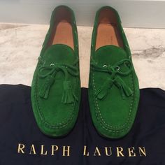 Ralph Lauren Green Suede Loafer With Tassel Tie. Worn Once, In Perfect Condition!! Casual Tassel Loafers With Round Toe For Galas, Designer Round Toe Loafers For Spring, Green Moccasins With Rubber Sole For Spring, Designer Slip-on Loafers For Spring, Casual Tassel Loafers With Plain Toe For Galas, Casual Plain Toe Tassel Loafers For Galas, Green Formal Loafers For Spring, Formal Green Loafers For Spring, Spring Green Formal Loafers