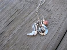 Cowgirl Necklace with Cowboy boots, cowboy hat and accent bead in your choice of colors Cowgirl Necklace, Boot Charm, Cowgirl Necklaces, Short Note, Boots Cowboy, Light Amethyst, Cowboy Boot, Blue Zircon, Swarovski Pearls