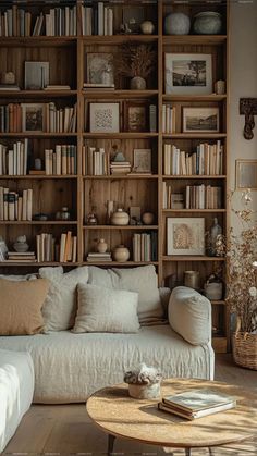 a living room filled with lots of bookshelves next to a couch and coffee table