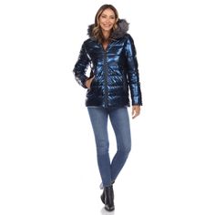 Zipper in the warmth in this eye-catching metallic puffer jacket, an oversized pick designed with a super cozy material that features front zipper closure, hoodie and two front zip pockets. This on-trend design shines with timeless urban style. Features: material 100 percent Polyester, Metallic jacket, zipper closure and 2 front zip pockets. Metallic Long Sleeve Outerwear With Zipper, Casual Hooded Metallic Outerwear, Trendy Winter Puffer Jacket With Zipper, Trendy Hooded Jacket With Zipper For Cold Weather, Trendy Puffer Jacket With Faux Fur Trim, Blue Winter Puffer Jacket With Zipper Closure, Blue Puffer Jacket With Zipper For Winter, Blue Puffer Jacket With Zipper Closure For Winter, Trendy Hooded Quilted Jacket For Fall