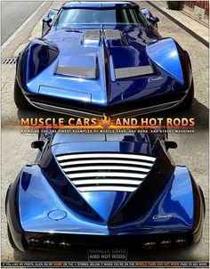 two blue sports cars parked next to each other on the side of a road with words muscle cars and hot rods