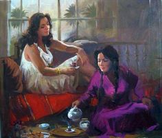 a painting of two women sitting at a table with teapots in front of them