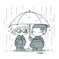 two children are sitting under an umbrella in the rain, one is crying and the other has