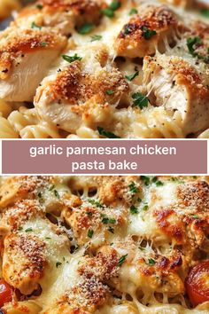 garlic parmesan chicken pasta bake in a white dish