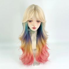 Transform your look with our Blonde Ombre Rainbow Wig. Its colorful and playful design will make you feel beautiful every day. With stunning blonde to rainbow ombre, curtain bangs, and wavy texture, this long and cute wig is sure to turn heads! 🌈 Description: Material Grade: High-Temperature FiberOrigin: CNTexture: WavyWig Length: Long (26+ inches)Cap Size: Average SizeCan Be Permed: YesStyle: Wig with Bangs Rainbow Hair Wig, Rainbow Blonde Hair, Ombre Curtain Bangs, Wigs Rainbow, Wig Snatched, Red Wig With Bangs, Styles Wigs, Wavy Rainbow, Candy Witch