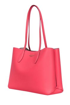 Spice up your summer wardrobe with this Kate Spade tote bag! Made with bright coral pink pebbled leather and a saffiano leather lining, this bag is perfect for the office or a warm weather adventure. The top hook closure adds a unique touch to this summer staple. 100% Pebbled Leather exterior 100% Saffiano Leather interior Top hook closure detail Logo front Come with a dust bag Height 11" Width 14.5" Depth 5.5" Strap drop 11.5" Hot Pink Bag, Kate Spade Totes, Kate Spade Tote Bag, Classic Wardrobe Staples, Bags Aesthetic, Kate Spade Accessories, Kate Spade Purse, Summer Staples, Coral Pink